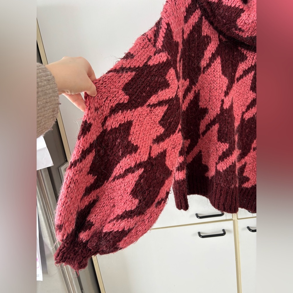 Topshop Houndstooth Cowl Neck Sweater Pink Burgundy Women’s Large Puff Sleeves - Picture 5 of 12